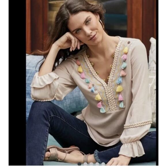 NWT Soft Surroundings Clementine Tassel Tunic Embroidered Boho Beige Medium - Picture 11 of 11